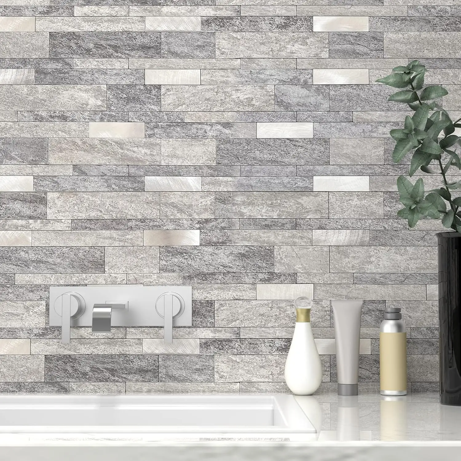 Peel and Stick Tile Stone Backsplash for Kitchen Wall(10pcs,Gray)