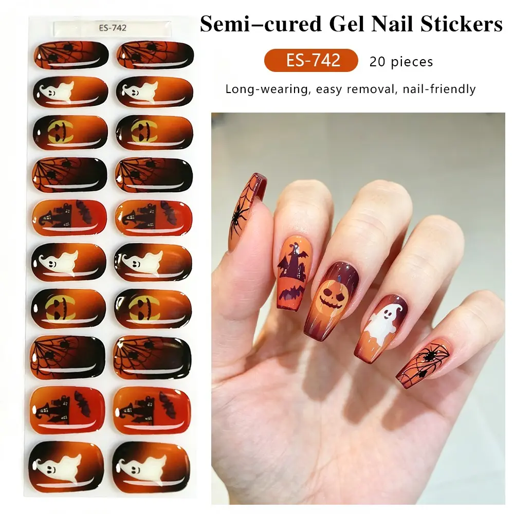 Halloween Series Pumpkin Pattern Gel Nail Stickers, Nail Stickers For Nail Art, 20-piece set, semi-cured under UV curing, gradient base color, ES742 model