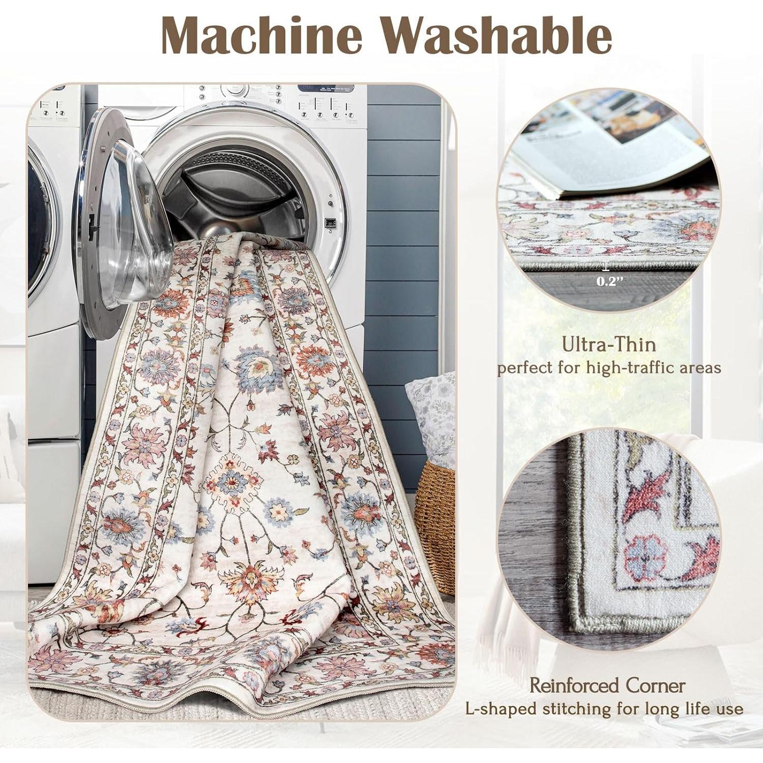 6x9 Area Rug for Living Room - Large Traditional Floral Washable Rugs for Bedroom Non-Slip Cream Stain Resistant Dining Room Rug Colorful Low-Pile Carpet Soft Vinatge Rug for Office Guest Room