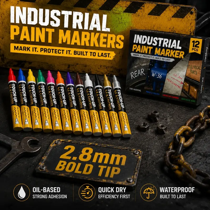 8/12 Colors Industrial Paint Markers, Thick Chisel Tip Permanent Paint Pens, Smooth Ink Flow Waterproof Markers for Metal, Steel, Concrete, Plastic, Wood, Construction Site, Warehouse and Workshop