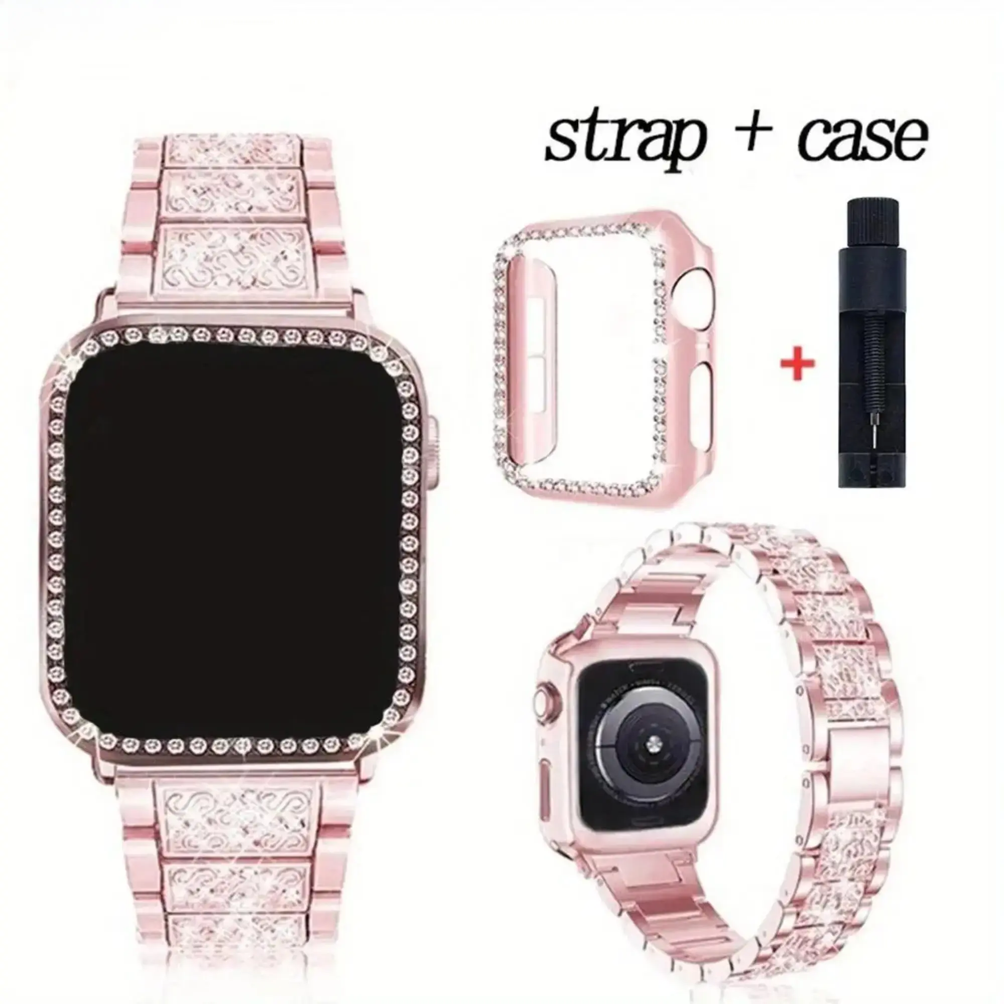 Metal Watch Band with Case for Women, Elegant Stainless Steel Bracelet Strap Replacement, Rhinestone Fashion Wristband with Protective Case, Stylish Adjustable Watch Accessories for Daily Wear, Party & Gift sohochic