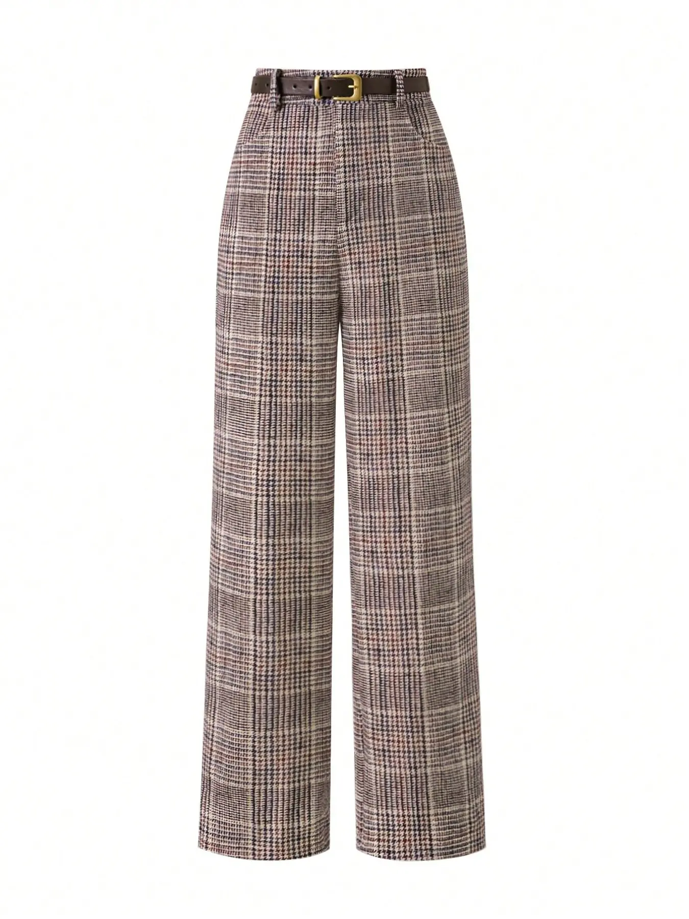 Women's British Vintage Plaid Wide Leg Pants, High Waist Flowy Wool Suit Pants with Belt, Casual Office Wear for Daily Outing