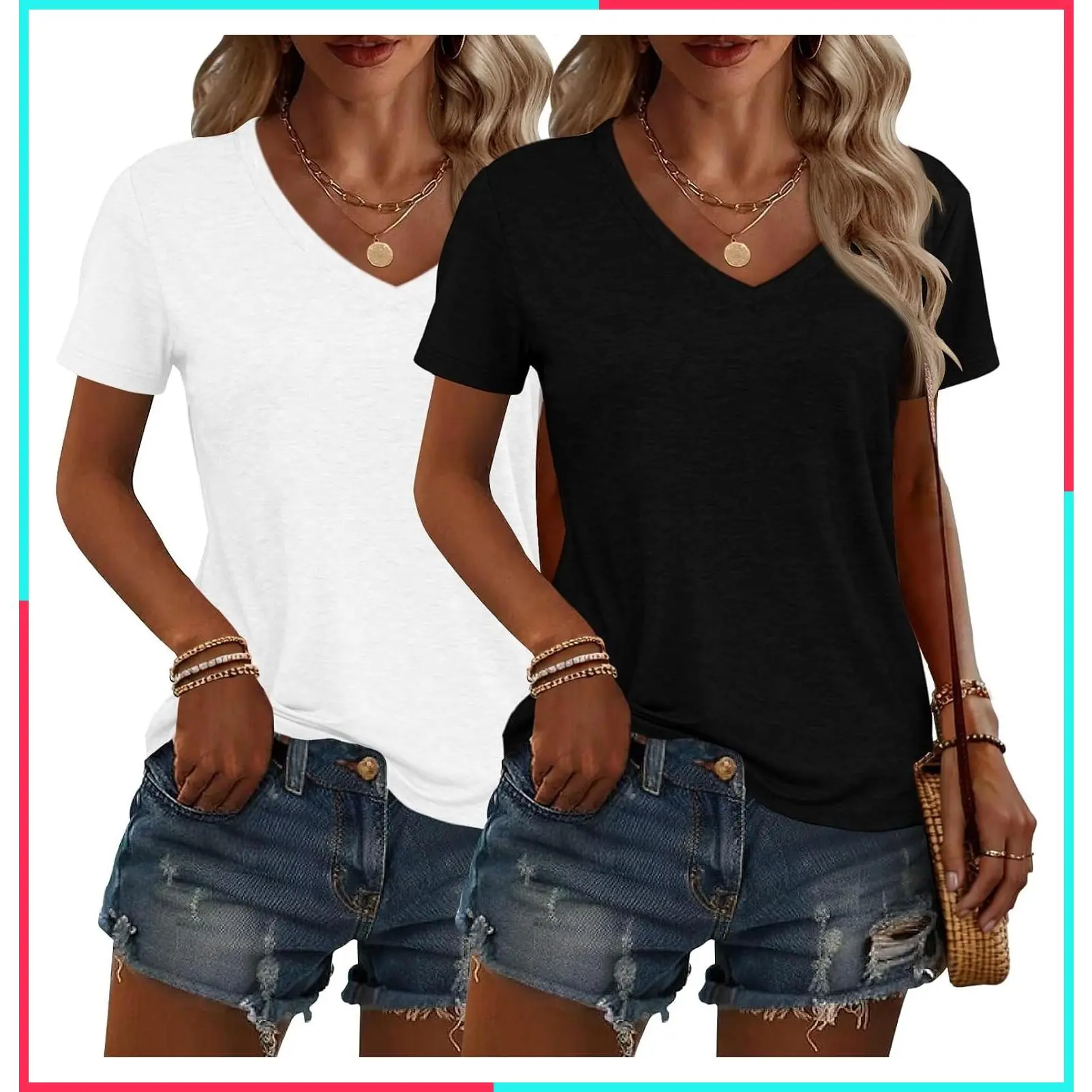 2 Pack Women's Summer Tops V Neck Short Sleeve Casual T-Shirts