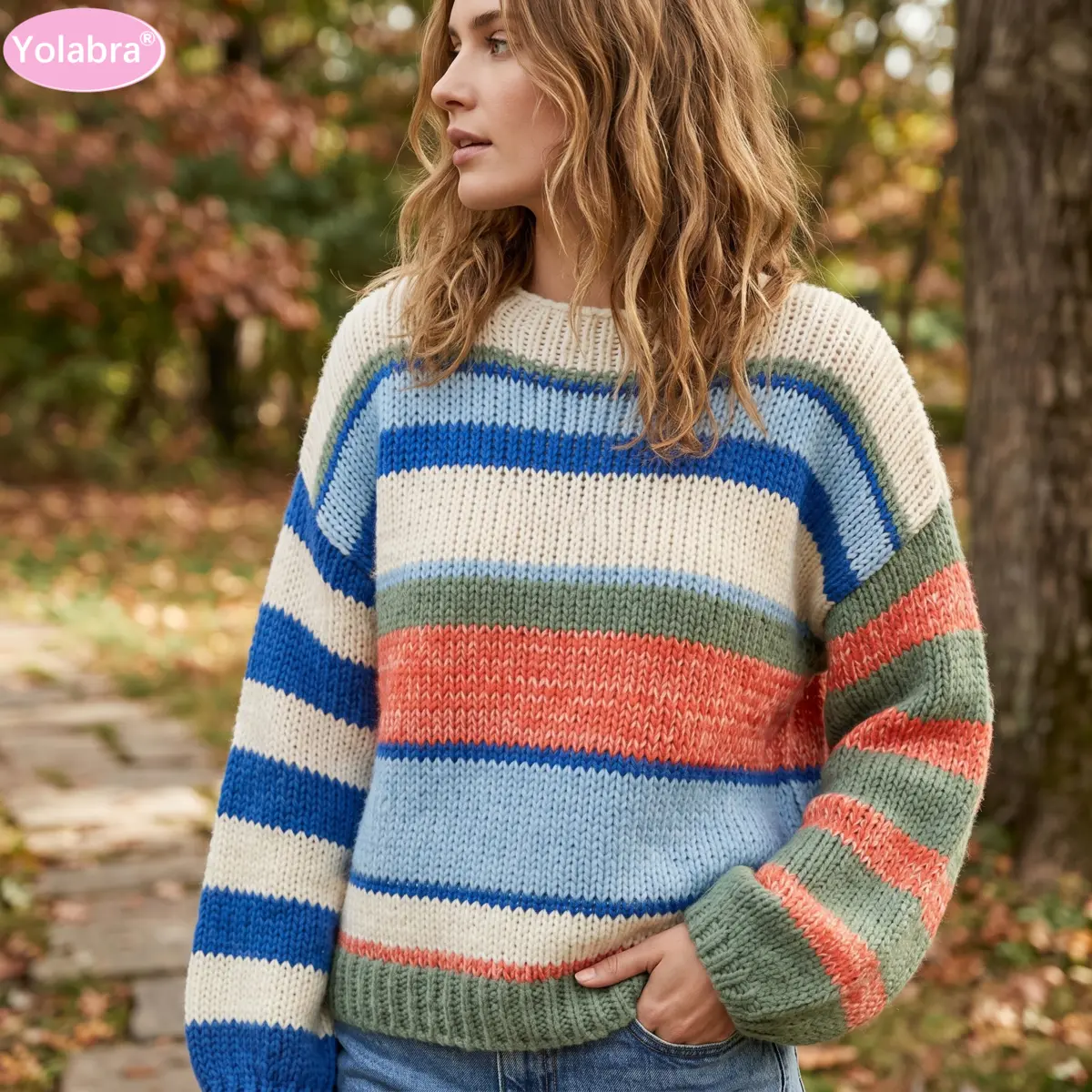Yolabra New Women Rainbow Stripe Knitted Sweater Retro Loose Street Style Soft Warm Skin Friendly Knit Fabric Casual Daily Commute Vacation Outfit Trendy Hip Hop Ladies Sweater