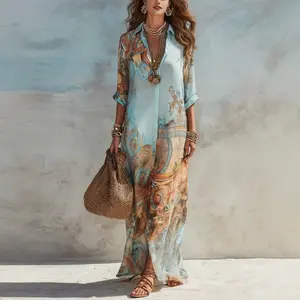 2026 Women's Beach Coverup Swimwear Jacket Sun Protection Chiffon Digital Print Fresh Retro Elegant Beach Dress Casual Womenswear Summer Floral Maxi