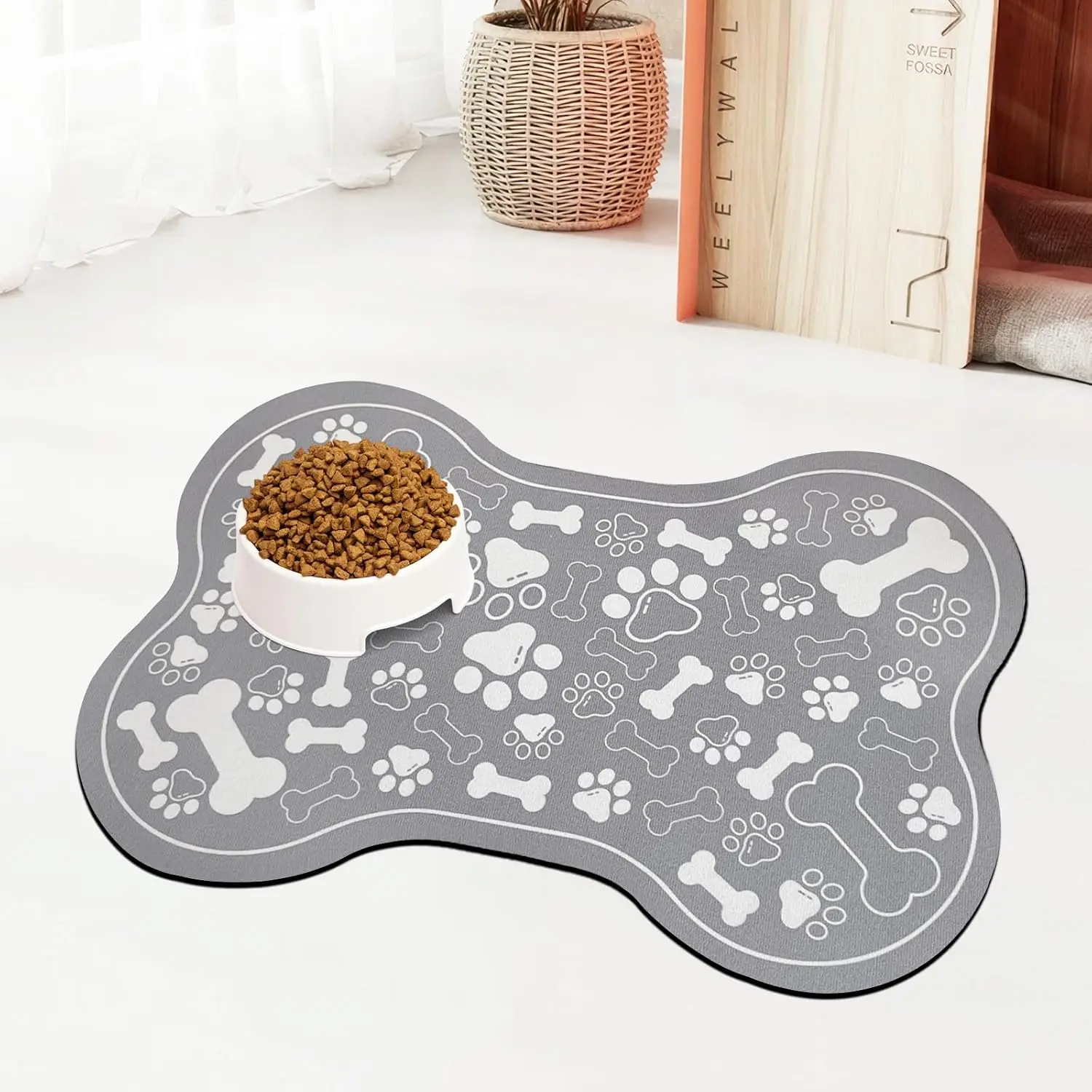&   Mat  Shaped  Feeding Mat Quick Absorb Water Bowl Placemat with Rubber Backing Indoor Floor Stain Resistant  Accessory Supplies (Grey Small, 12x18 Inches)