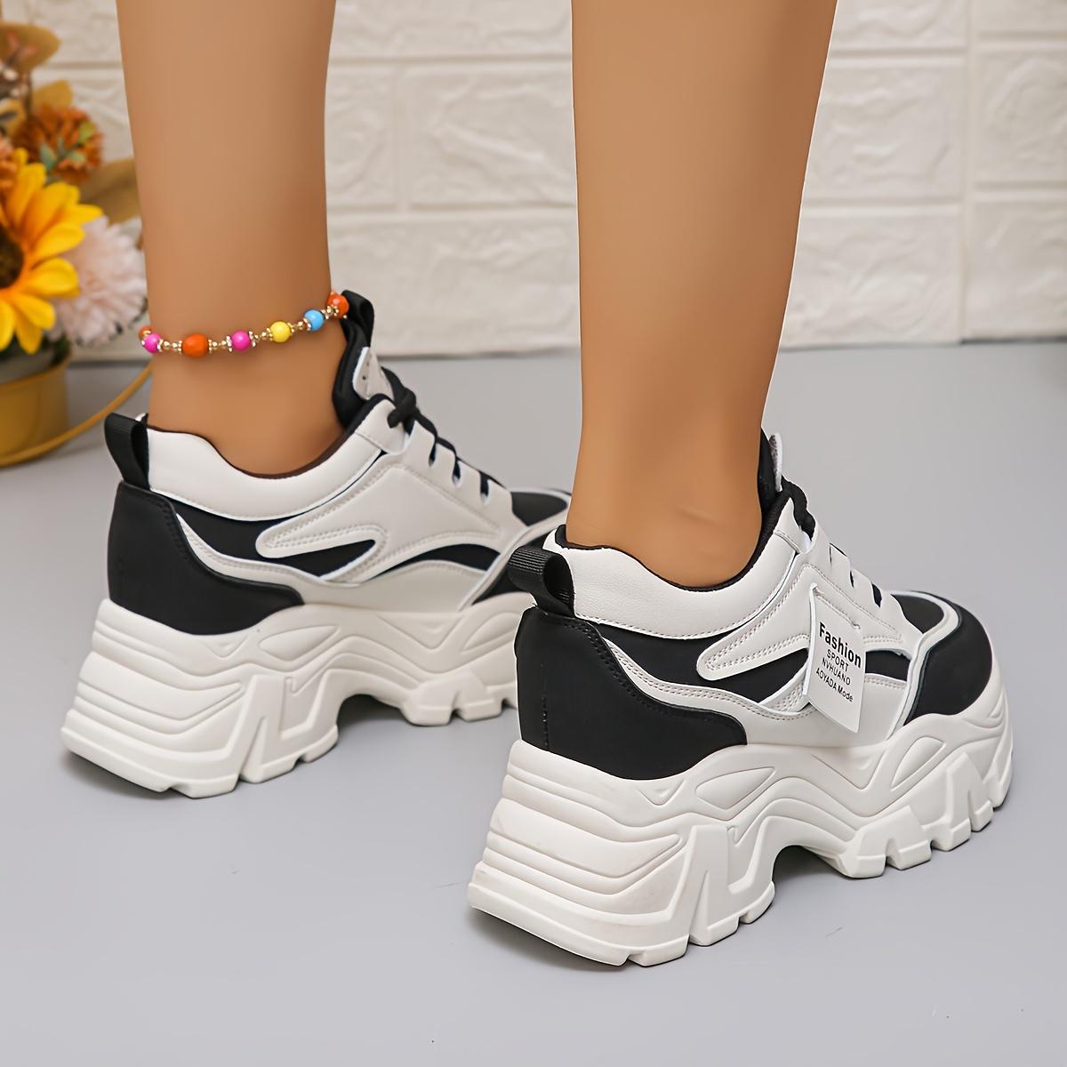 Women's Breathable Chunky Dad Shoes - Fashionable Black & White Sneakers with Thick Rubber Sole, Comfortable All-Season Sneakers