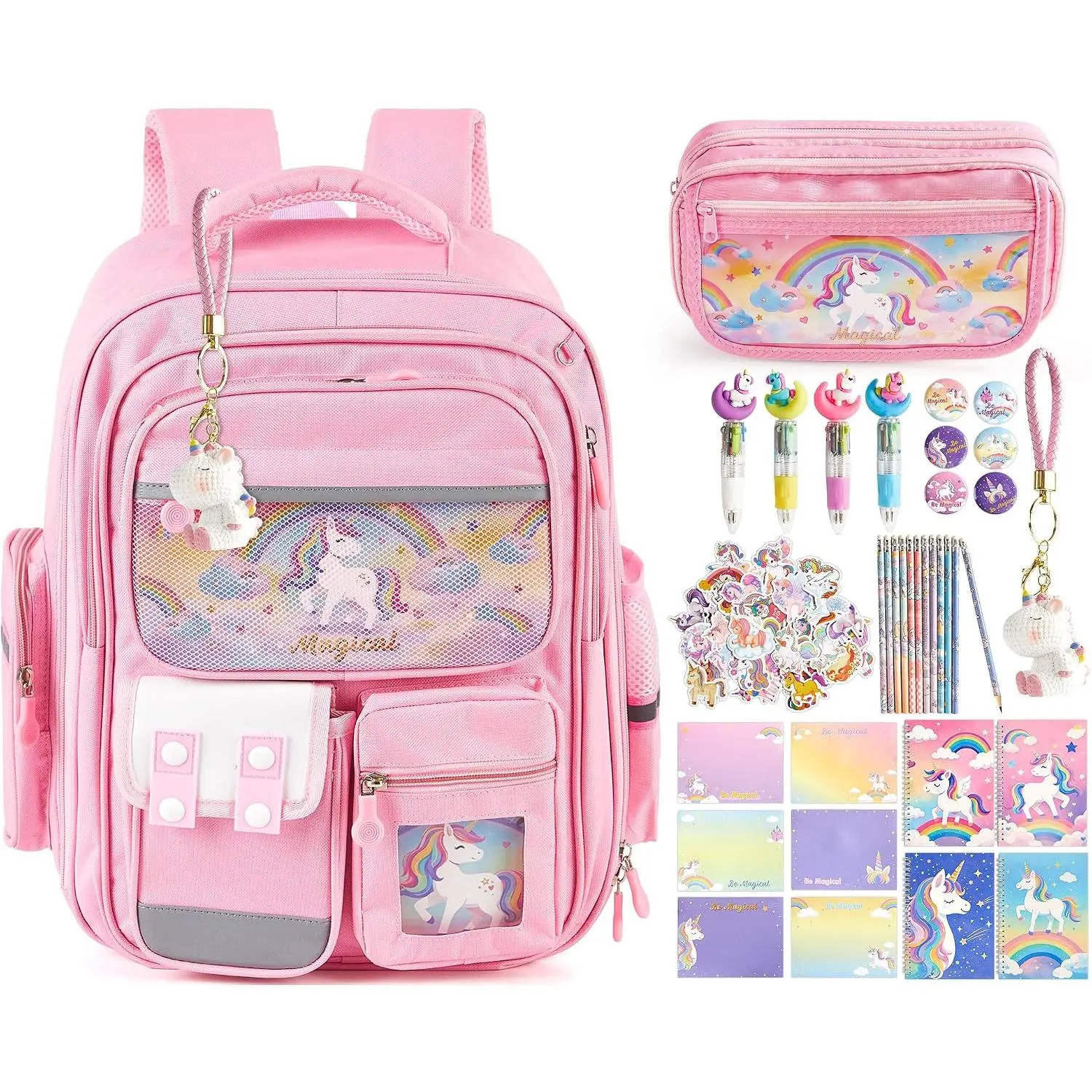 88 count Unicorn Backpack Stationery Set Magical Themed  to Supplies with Backpack Pencil Case Notebooks Sticky Notes Ballpoint Pens Pencils Badges  Cards Wooden Lead Pencils