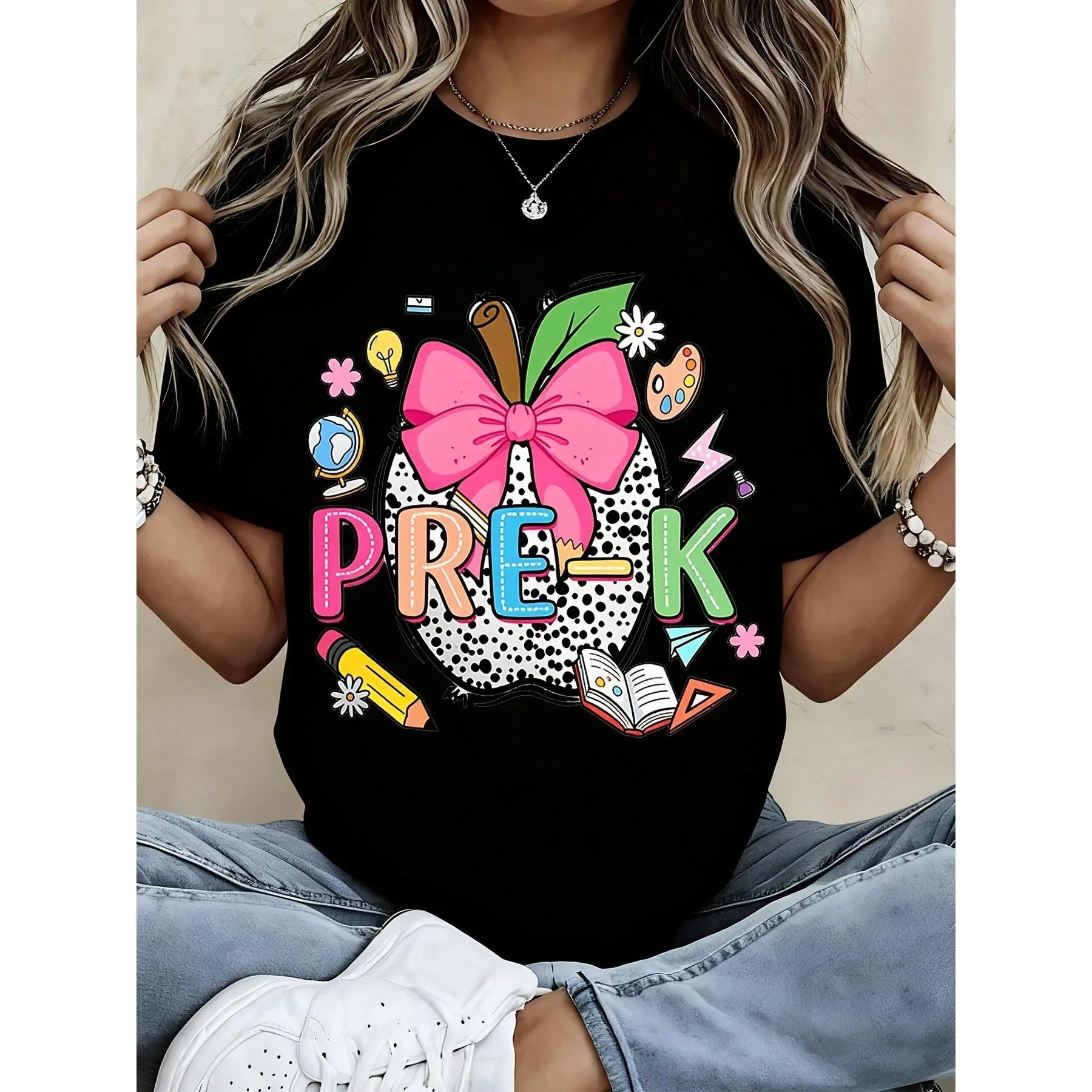 Pre K Teacher T Shirt Black Apple With Pink Bow And School Supplies Print For Preschool Teachers And Students