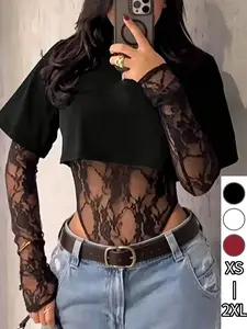 Summer Elegant Chic Short Sleeve Lace Patchwork T-Shirt Romper, Women, Slim Fit, Perfect for Layering, Y2K Style, Ideal for Daily Wear, Bodysuits
