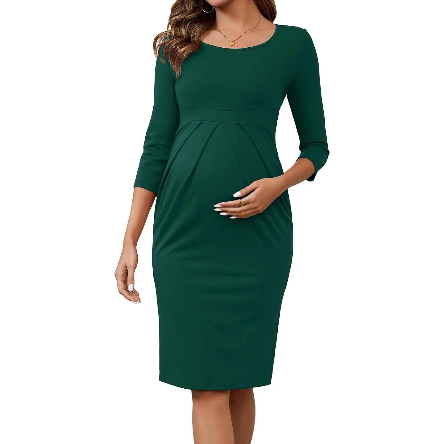 Women's Maternity Work Dresses Semi Formal 3/4 Sleeves Office Workwear Front Pleated Pregnancy Business Dress
