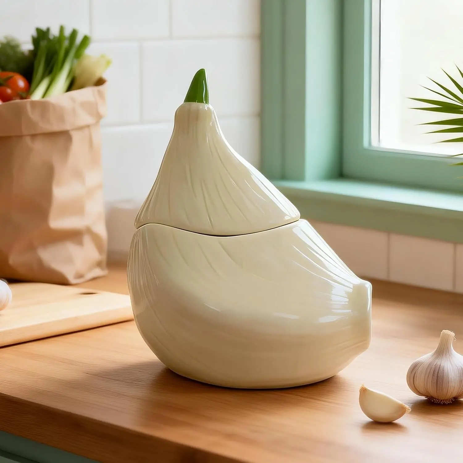 Ceramic Garlic Keeper for Counter,Garlic Jar with Lid for Kitchen Storage | Stylish Garlic Container for Refrigerator,Large Capacity for Peppers, Ginger,Star Anise-Ideal Gift for Cooking enthusiasts
