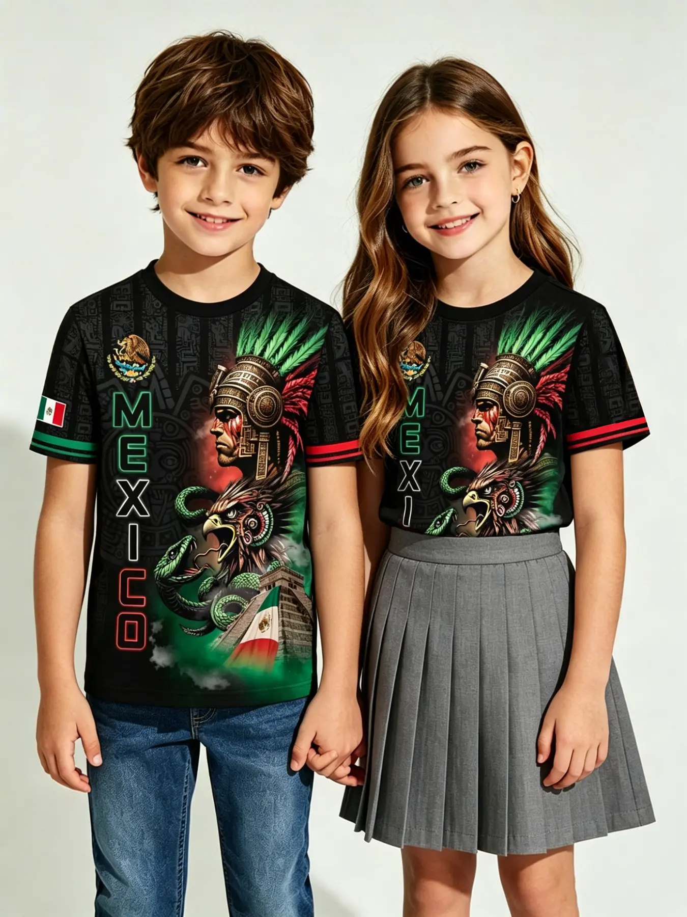 Aztec Eagle Snake Totem Boys' Quick-Dry Short Sleeve Graphic Printed Tee, Mexican Flag Ethnic Style, Deep Base, Casual Long Sleeve Top
