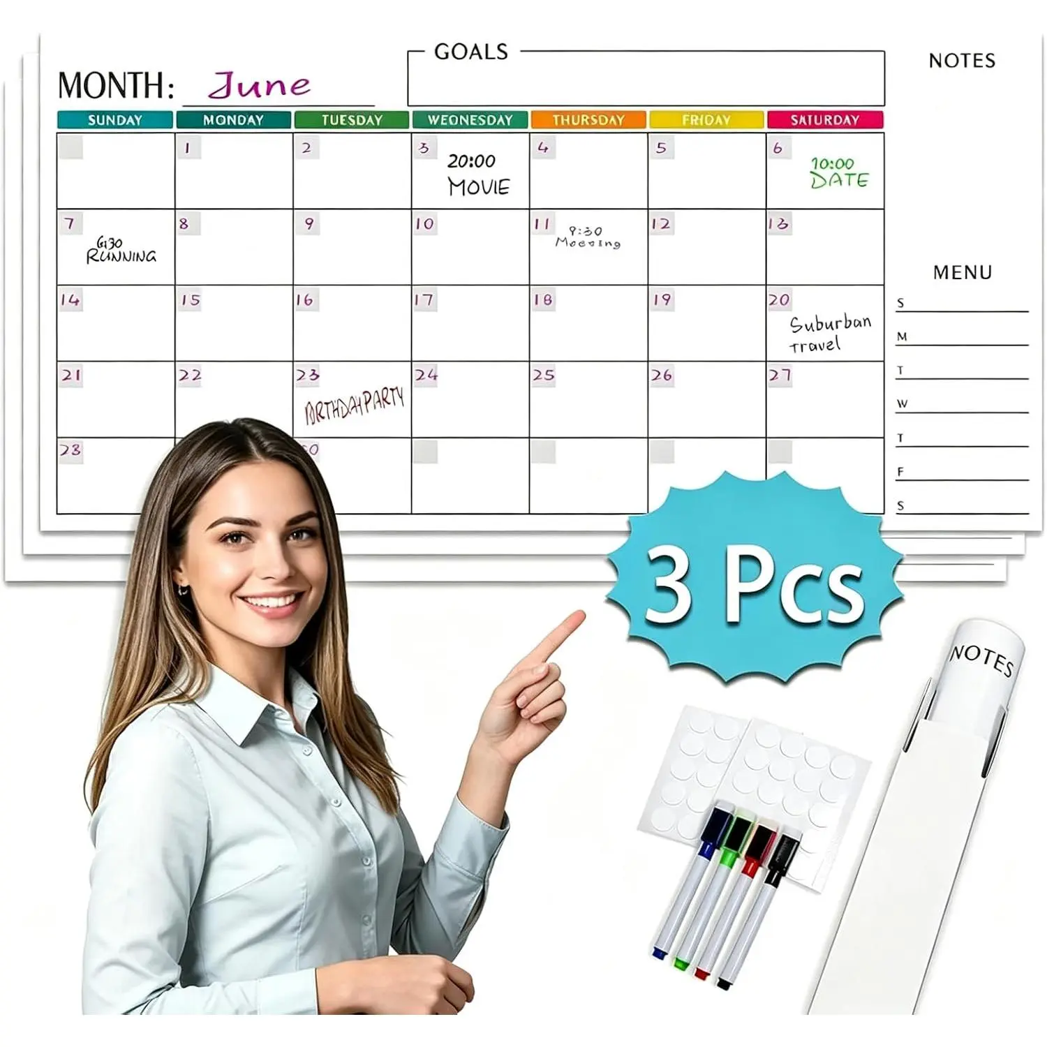 Large 15x30 Horizontal Undated Dry Erase Wall Calendar - 3-Month Wall Planning Undated Set with Blank Blocks, Erasable Film, Markers & Stickers for Office (Landscape Layout)
