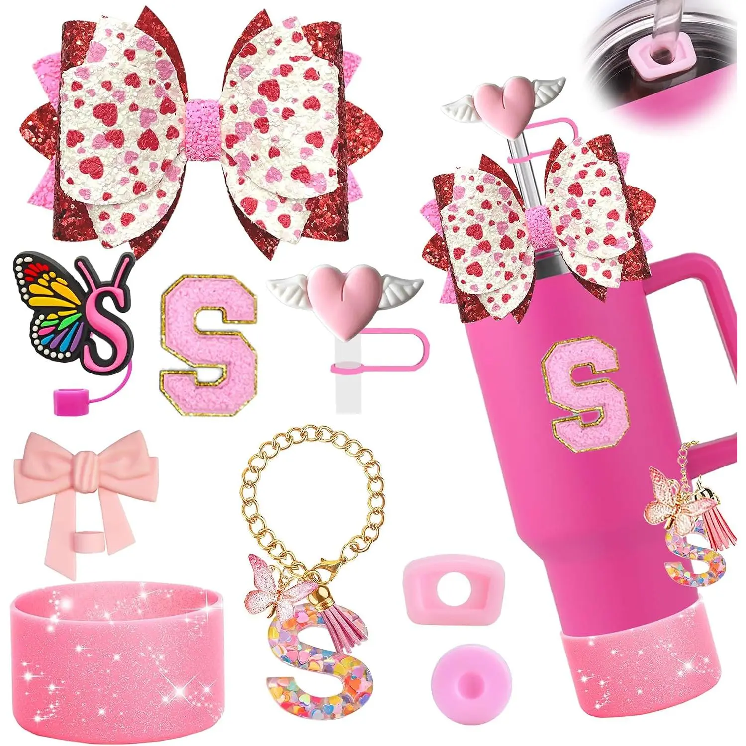 Hot  Accessories Set for  30oz 40oz with Bow Straw Topper & Bling Boot | Hot  Accessories Set for  30oz/40oz with Bow Straw Topper, Letter Charms, Straw Caps & Bling Boot.