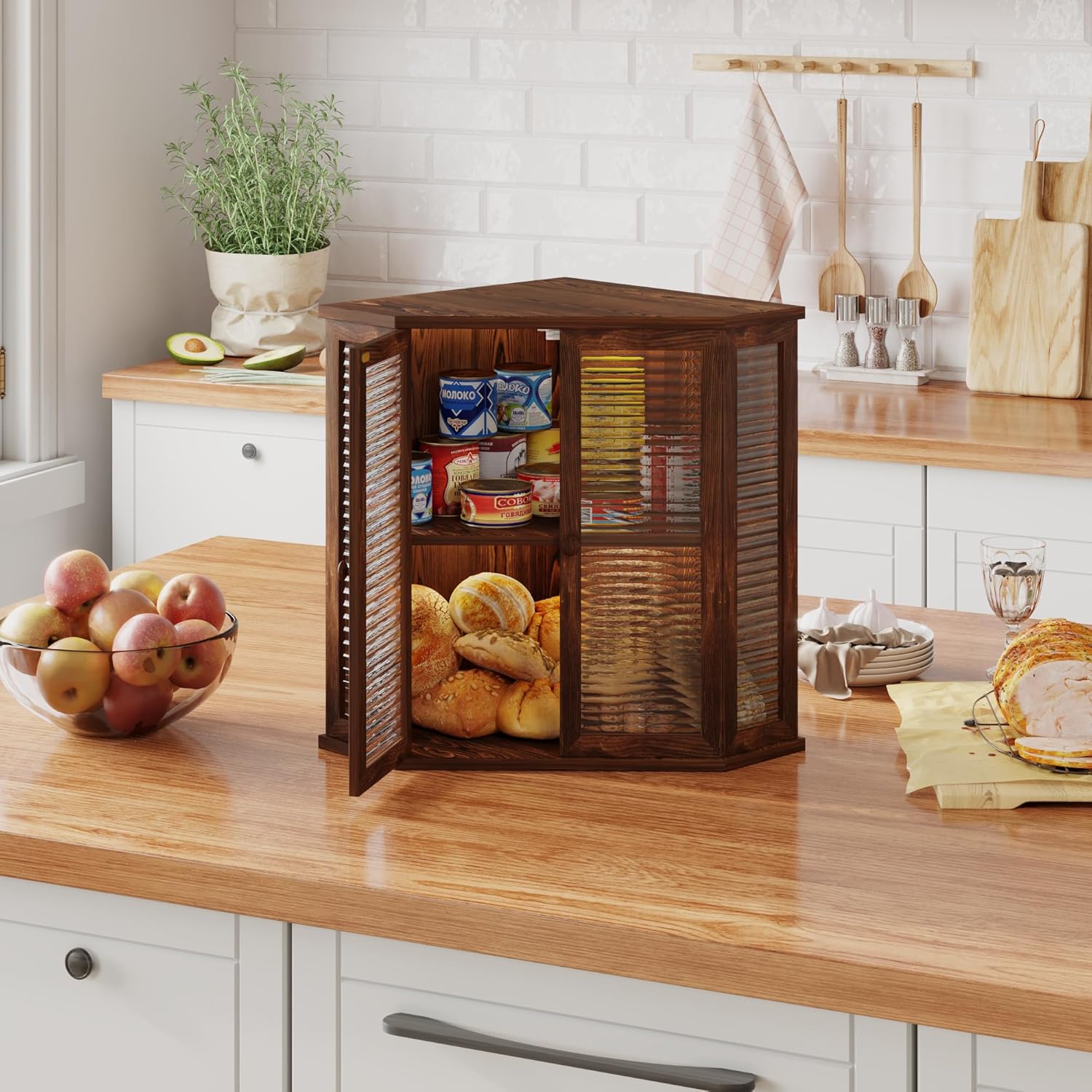 Corner Bread Box for Kitchen Countertop, 16.5 Inch Charred Pine 2-Tier Breadbox with Glass Wavy Door Panel,  Farmhouse Style  Design (Pine )