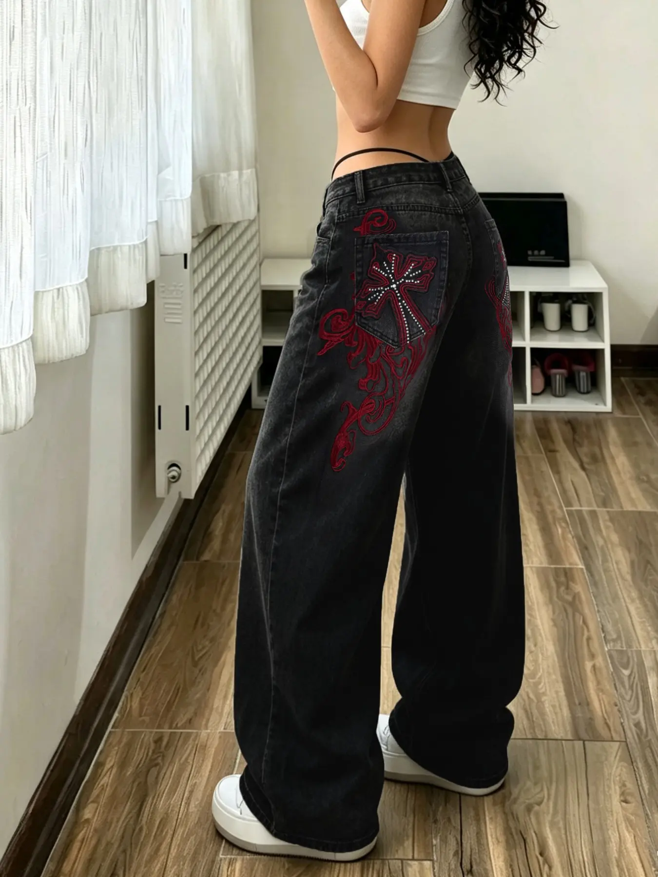 High Waist Black Washed Baggy Wide Leg Oversized Jeans for Women, Red Tribal Cross Embroidery Loose Fit Urban Hip Hop Denim Pants, Trendy Streetwear Trousers for US & Latin Girls Daily Casual Outfits