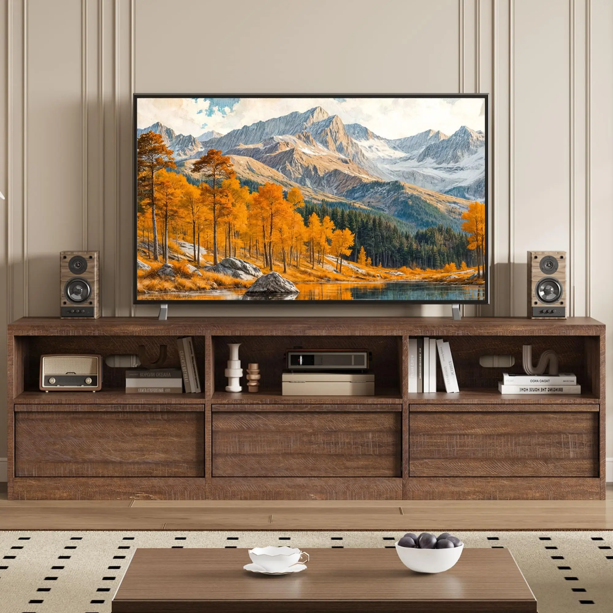 MDF Wood TV Stand - 70-85 Inch Fit Mid-Century Media Cabinet with 3 Smooth Drawers, 70" Long Shelf, Open Shelves, Cable Holes, Sturdy Black/White Display Base for Living Room TV Stands & Multimedia Centres