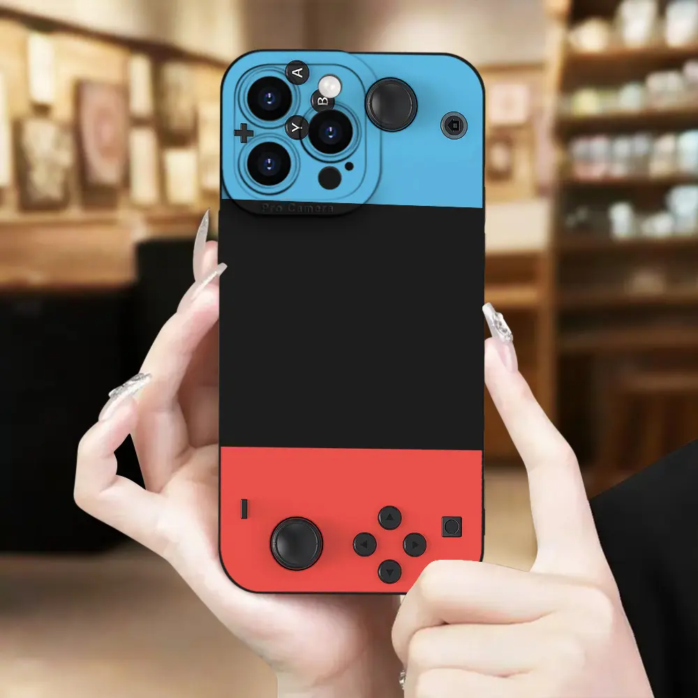 Retro Handheld Game Console Phone Case with Controller Art, Gaming Theme Red-Blue Graphic Cover for iPhone 17-14, 13-11, X Plus Pro Max, Gamer Gift for iPhone Series