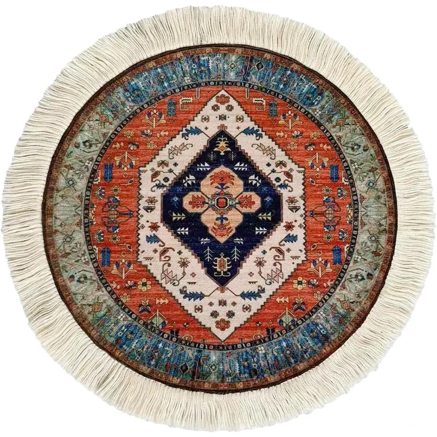 Round Persian Style Carpet  Pad –  Miniature Bohemian Rug Desk Pad, Non-Slip   Mat with Fringed Edges, Elegant Table Decor for  & Office Accessories