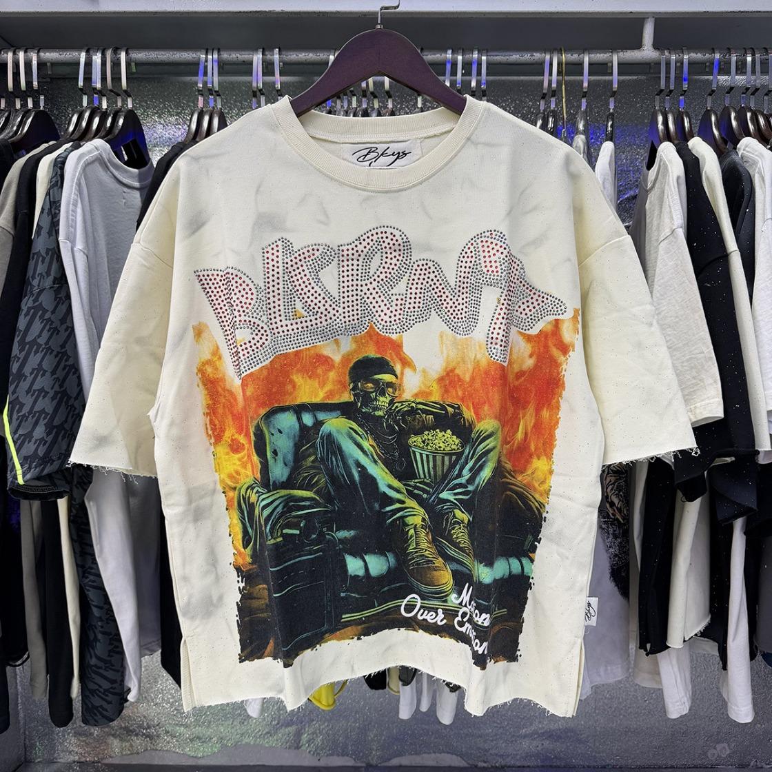 Best Quality Washed Gray Full Rhinestone Bling T-Shirt, Unisex F-Terry Cropped Tee, BKYS Skull Print High Street Hip Hop Rock Retro Y2K Vintage Streetwear, Sparkle Diamond Graphic Casual Short Sleeve Tops for Men Women