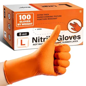 Orange 8 Mil  Disposable Gloves, Heavy-Duty Mechanic Gloves, 100 Count, Large, Latex &  Free with Raised  Texture, Industrial, Automotive, Gardening