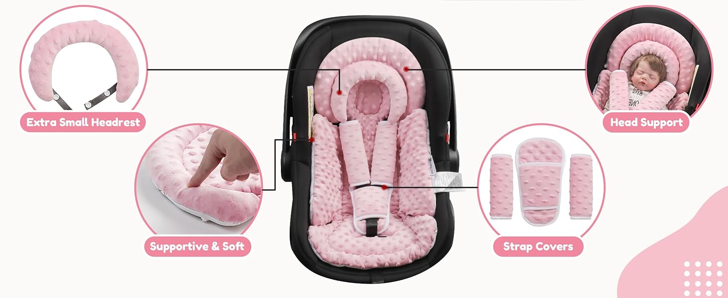 Infant Car Seat Insert with Removable Cushion for Baby Preemie Newborn Infant, Reversible carseat Insert Head Body Support Fits for Stroller, Baby Swing, Rocker, Bouncer, Bassinet - Pink