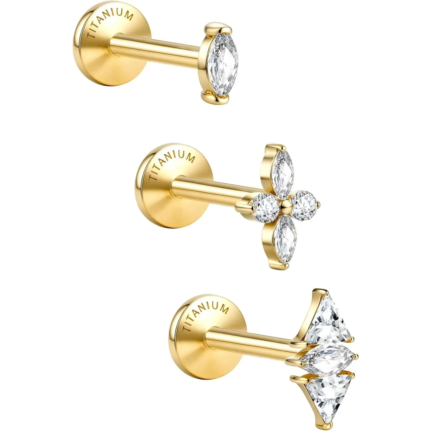 G23 Implant Grade Titanium 18G Internally Threaded Flat Back Earrings 5A CZ Studs: 14K Gold Hypoallergenic 3 Pcs Tragus Cartilage Conch Helix Piercing Jewelry for Sensitive Ears Women Men.