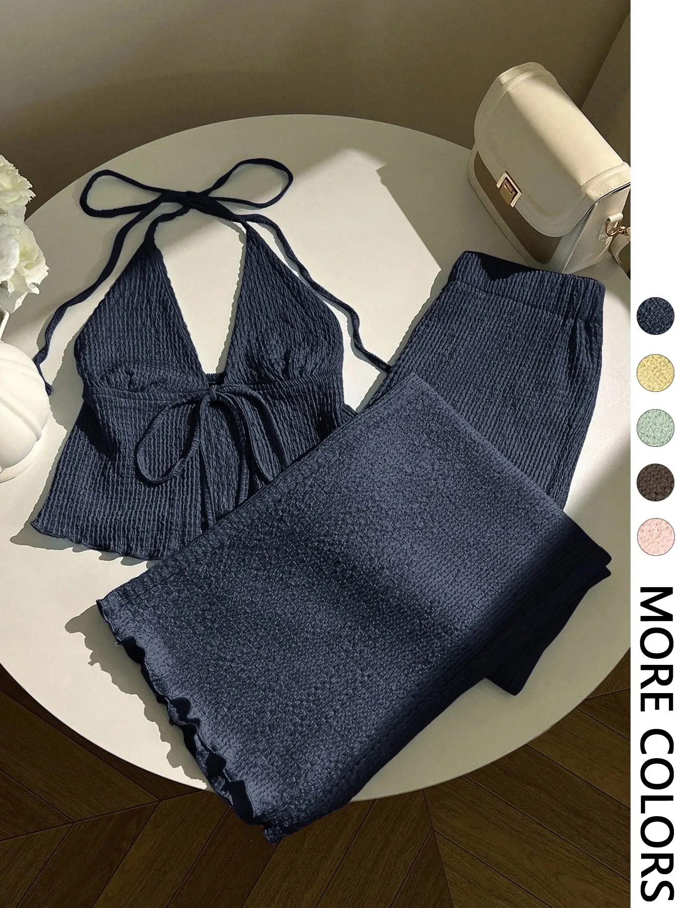 Women's Textured Halter Top & Wide Leg Pants Co-ord Set, Deep V Neck, Front Tie Detail, Elastic Waist, Ruffled Hem, High Stretch Crinkle Knit Fabric, Daily Casual Vacation Beach Date Wear