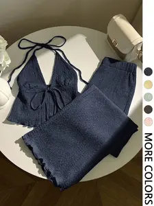 Women's Textured Halter Top & Wide Leg Pants Co-ord Set, Deep V Neck, Front Tie Detail, Elastic Waist, Ruffled Hem, High Stretch Crinkle Knit Fabric, Daily Casual Vacation Beach Date Wear