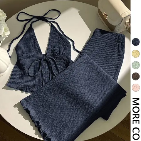 Women's Textured Halter Top & Wide Leg Pants Co-ord Set, Deep V Neck, Front Tie Detail, Elastic Waist, Ruffled Hem, High Stretch Crinkle Knit Fabric Daily Casual Vacation Beach Date Wear Clothes Fit
