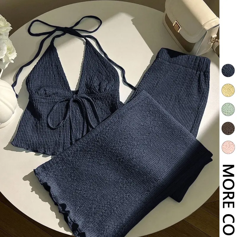Women's Textured Halter Top & Wide Leg Pants Co-ord Set, Deep V Neck, Front Tie Detail, Elastic Waist, Ruffled Hem, High Stretch Crinkle Knit Fabric Daily Casual Vacation Beach Date Wear Clothes Fit