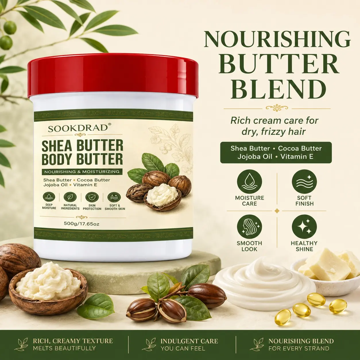 Shea Butter Body Butter, Shea Butter, Cocoa Butter, Jojoba Oil, Vitamin E, Deep Moisture, Natural Ingredients, Skin Protection, Soft Smooth Skin, Body Care, Daily Use, 500g