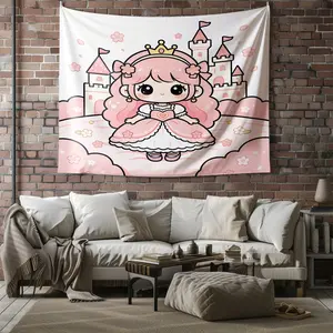 Pink Castle Princess Tapestry, creative flower cartoon print, wall decor mural, for bedroom living room, atmospheric backdrop for girls' birthday parties