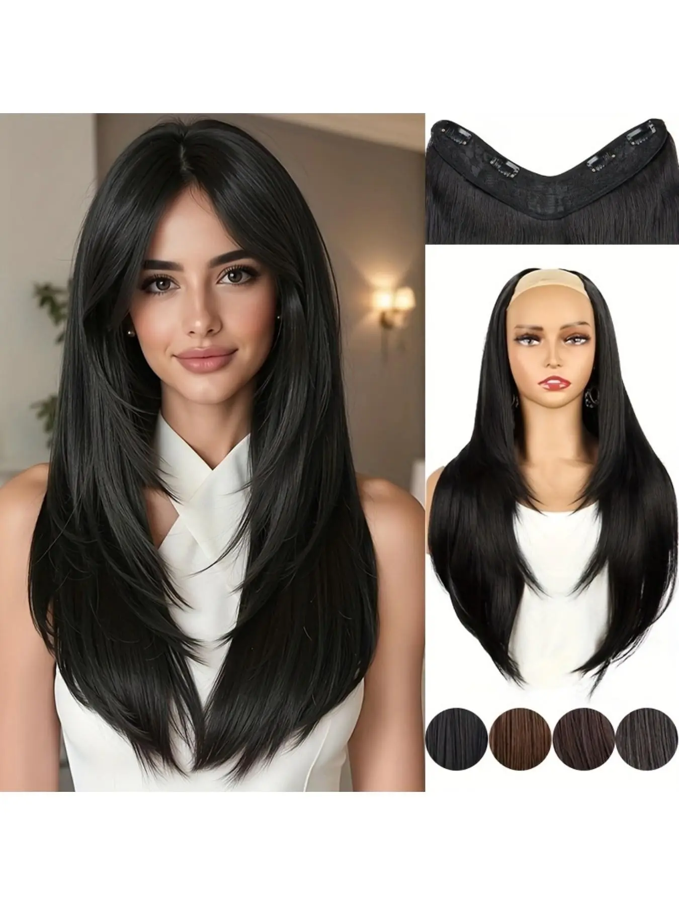 Women’s 22 Inch Straight U Part Wig with U-Claw Clip Natural Color Hair Extension Invisible Hairpiece Easy Install Long Straight Synthetic Wig for Party Halloween Christmas Daily Wear Synthetic Fiber Hair