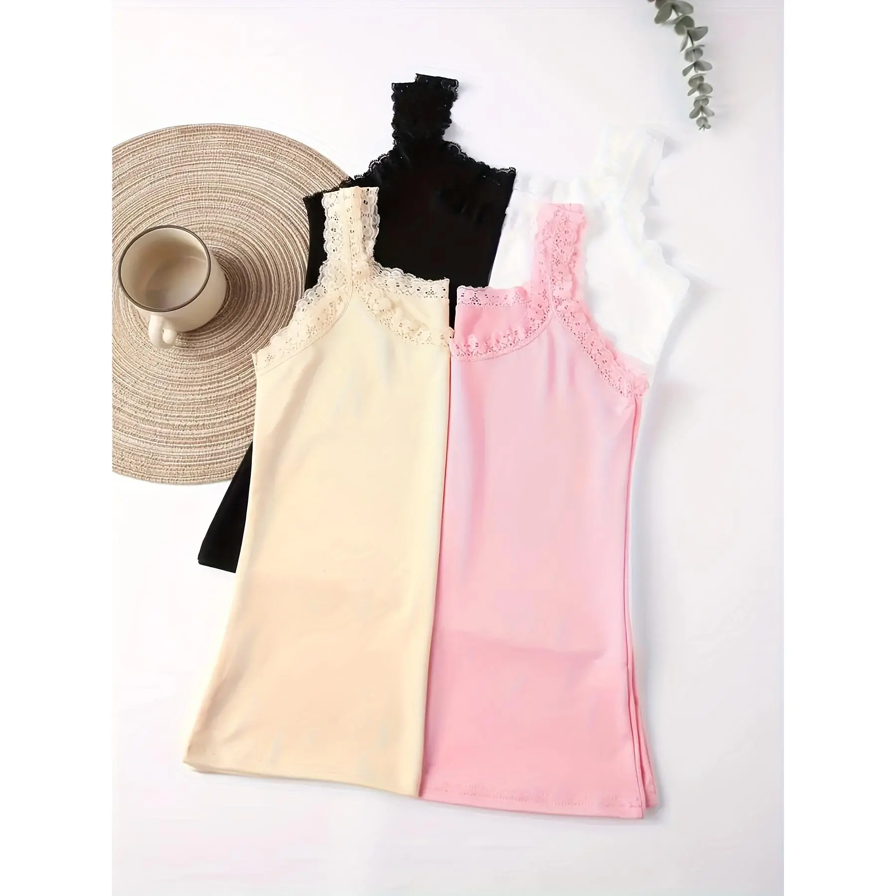 4 Pack Women Lace Trim Cami Tank Tops Soft Layering Undergarment Sleepwear Loungewear For Students All Seasons Comfortable Sleeveless Base Shirts Daily Home Casual Outfit