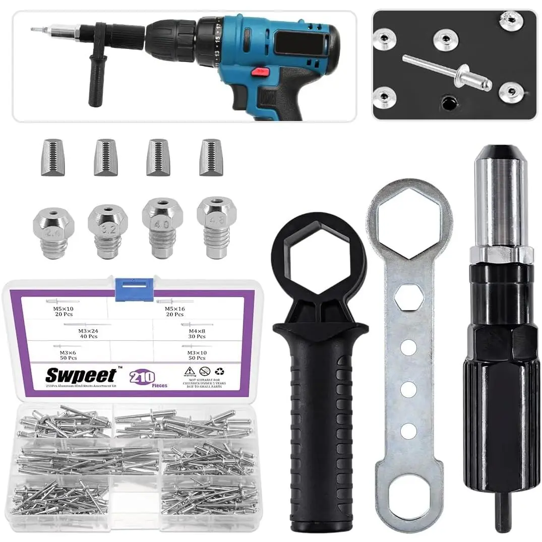 211Pcs Black Electric Rivet Gun Adapter Kit, Including 2.4/3.2/4.0/4.8mm Diameter Rivet Head and Handle Wrench with 500Pcs Aluminum Blind Rivet Kit