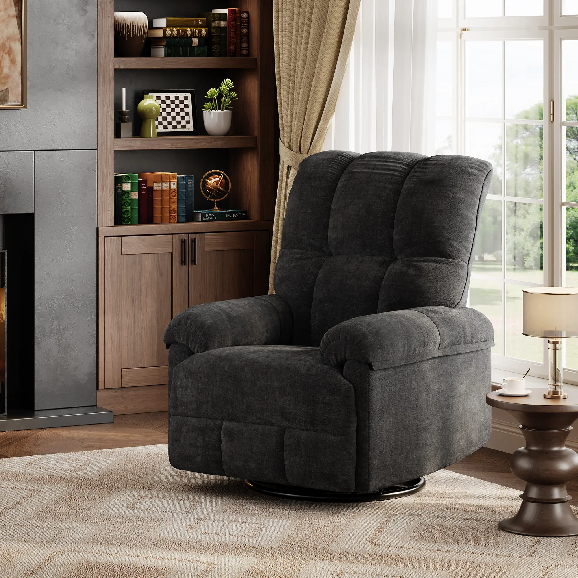 Oversized Swivel Rocker Recliner Chair, 360° Glider Recliner with Manual Reclining, Padded Armrests & Deep Chenille/PU Leather Upholstery for Living Room, Nursery & Home