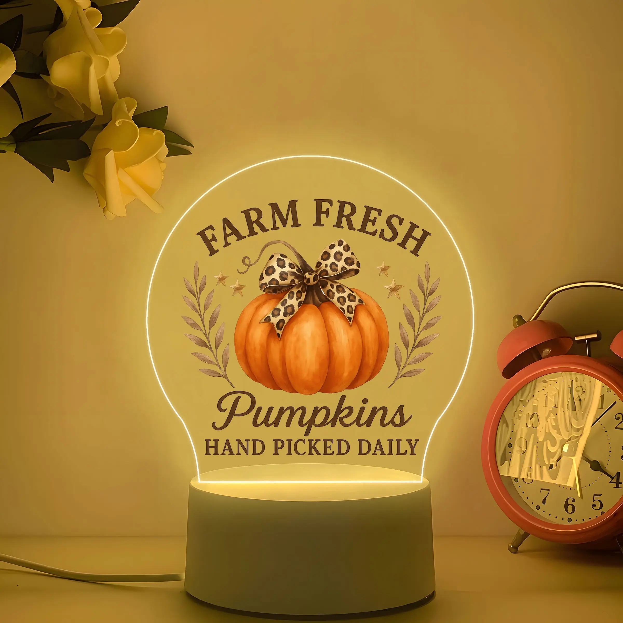 Farm Fresh Pumpkin Leopard Print Bow Acrylic Night Light, Home Lighting, Ambient Night Lamp, Soft Warm Glow, American Country Style, Thanksgiving Desk Decor, Fall Gift Choice