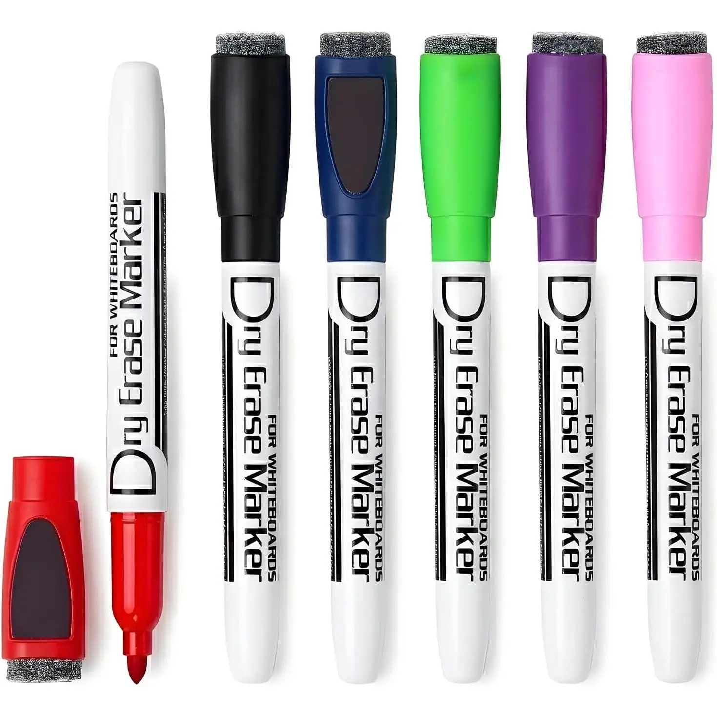 Dry Erase Markers, Fine Tip, 6 Colors, 6 Pack | Whiteboard Markers with Eraser Cap, Low Odor Dry Erase Pens,  Markers for Whiteboards, Calendars, Refrigerators