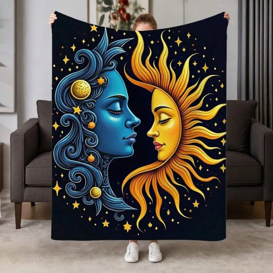 Sky Sun And Moon Flannel Blanket - Soft And Warm Navy Blue Blanket, With A Cosmic Dual Design, Perfect For Sofas, Beds, Offices, And Travel, A Perfect Gift For Friends And Family, Machine Washable Weighted Blanket