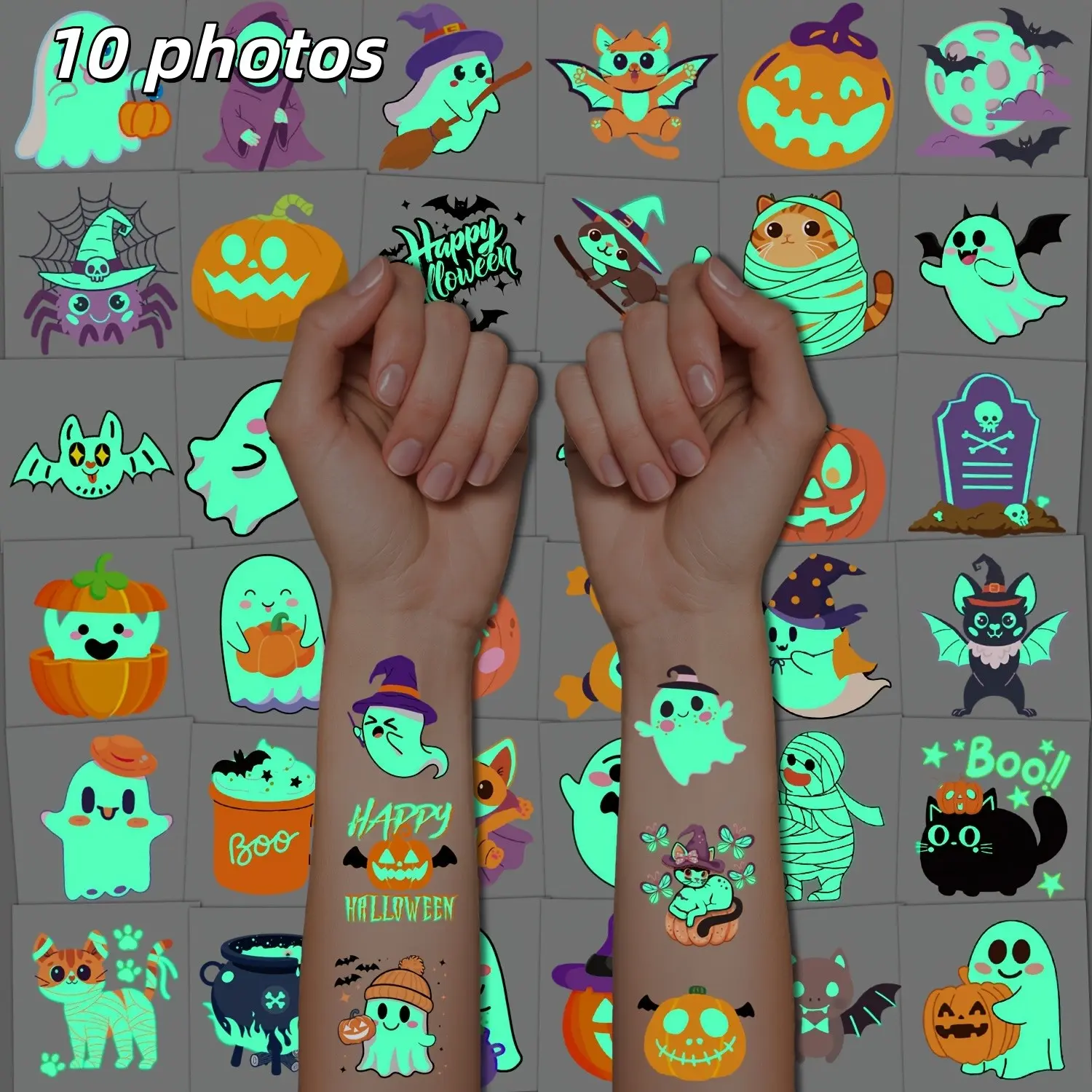 10 Sheets Glow In The Dark Halloween Temporary Tattoo Stickers, Waterproof Kids Face Body Tattoos, Halloween Party Decor Gift Stickers