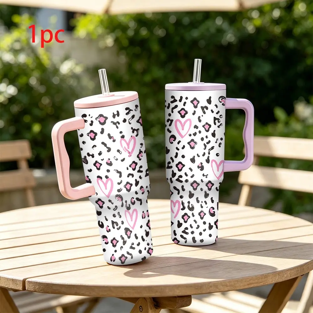 40oz Vacuum Insulated Cup with Leopard Print Heart Design, Ergonomic Handle Straw, Dual Layer Keeps Cold Hot, Ideal Gift for Teachers Halloween Christmas