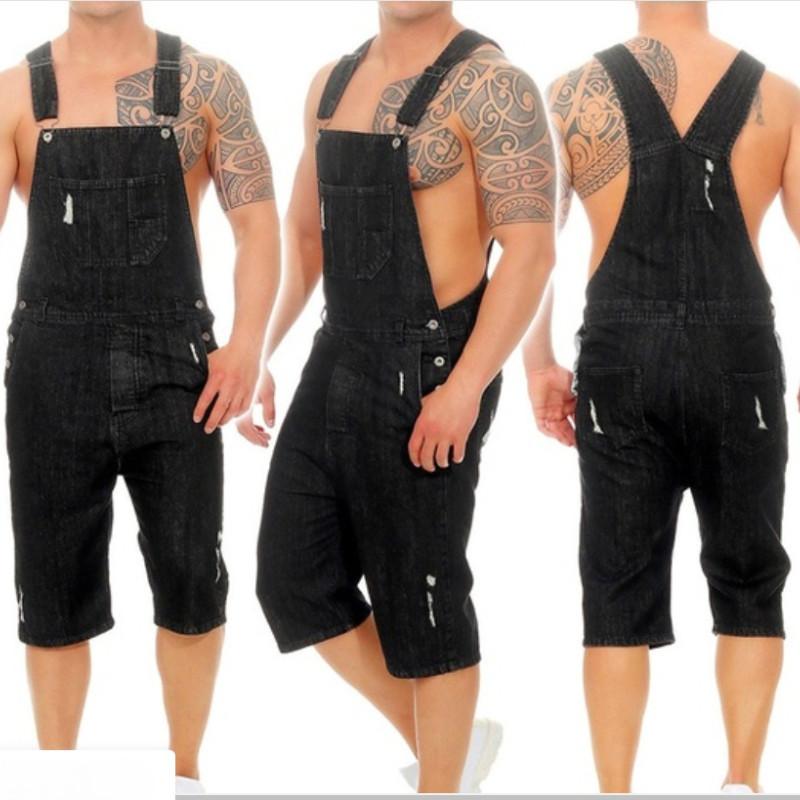 Plus Size S-3XL Men Denim Overalls Jumpsuit Shorts Ripped Hole Suspender Bib Jean Pants Cargo Work Summer Casual Slim Loose Street Wear Outfit Black Blue