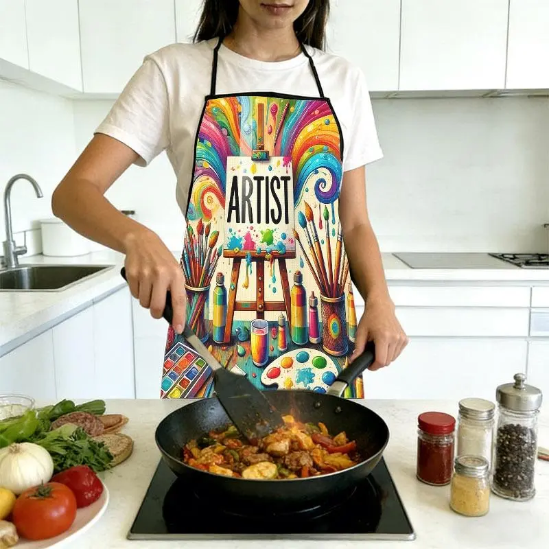 Vibrant Artist Paint Splash Print Apron, Creative Art Studio Scene Design with Easel, Brushes & Colorful Art Supplies Patterns, Multiple Specifications Available New Style Kitchen Wear, Ideal for Cooking, Baking & Art Creation Activities