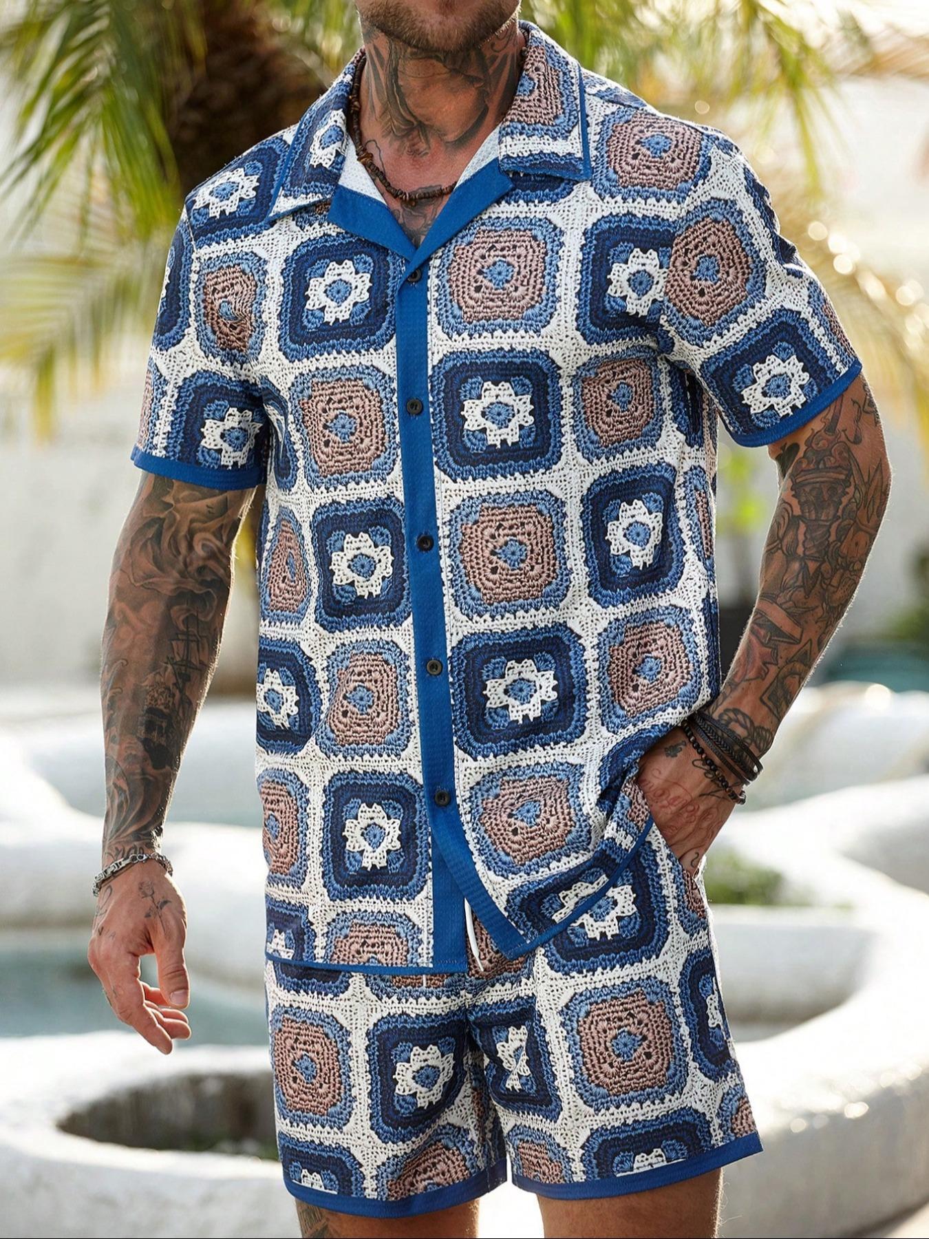 Two-Piece Set Men's Regular Fit Tropical Floral Print Button Shirt & Drawstring Waist Shorts Set, Casual Short Sleeve Collared Top & Pocket Shorts, Men's Two-piece Outfits for Summer Beach Vacation