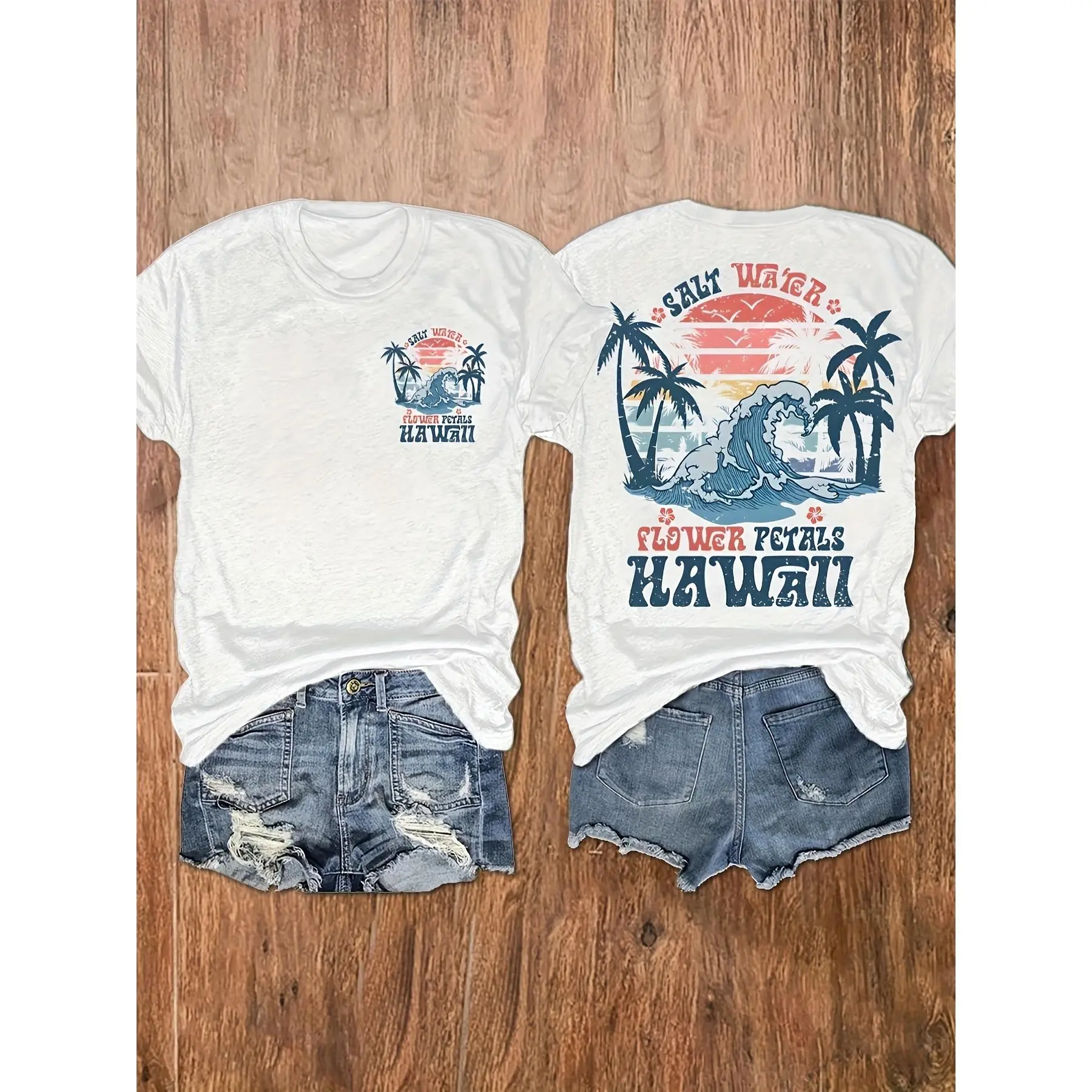 Printed Crew Neck T-Shirt With Palm Tree & Beach Prints, Casual Vacation Short Sleeve Top For Women, Women'S Top,back to school,back to school shopping
