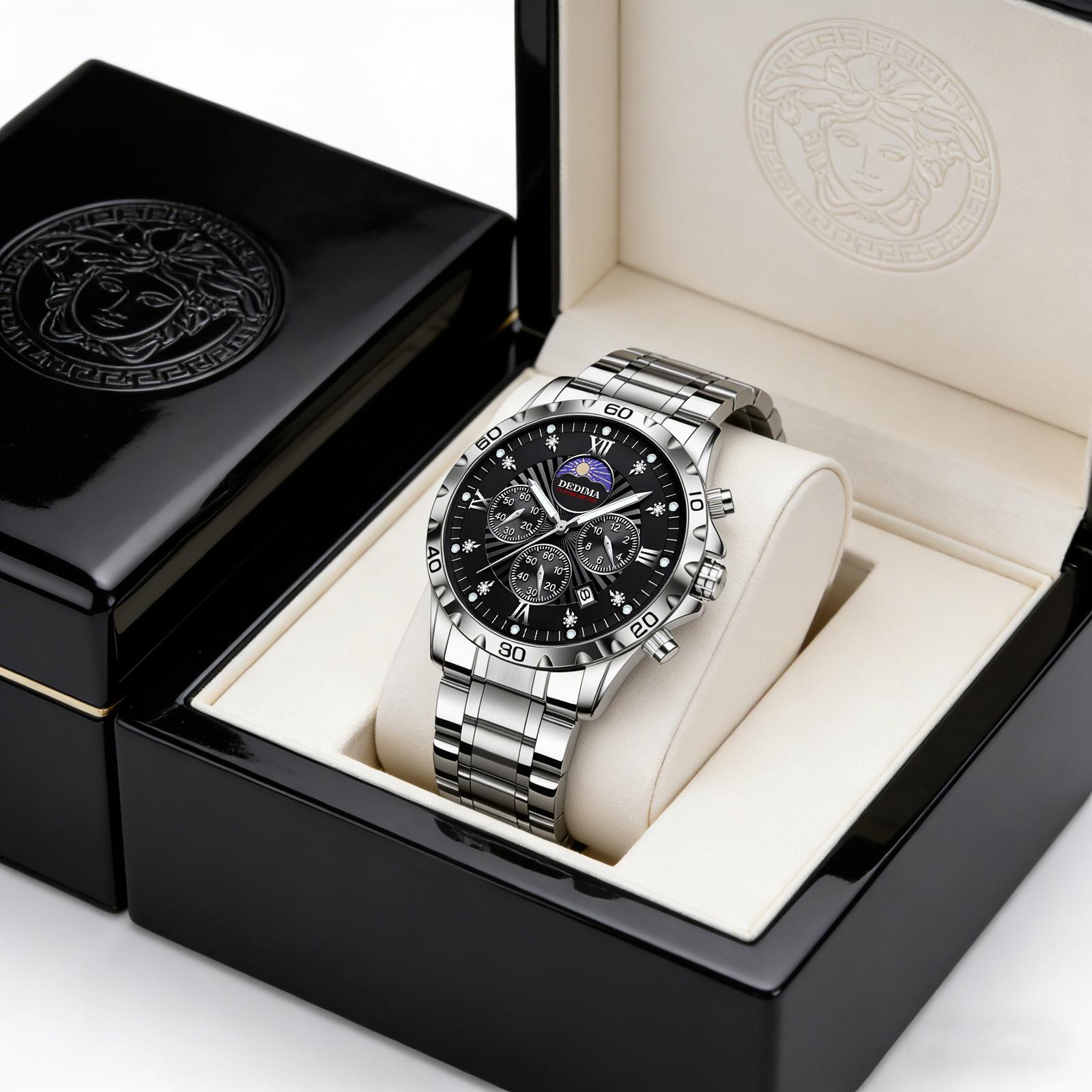 Men's Quartz Watch PE903 Movement 42mm Dial Luminous Display Calendar Moon Phase 30M Waterproof Stainless Steel Strap Business Style Hot-Selling Item