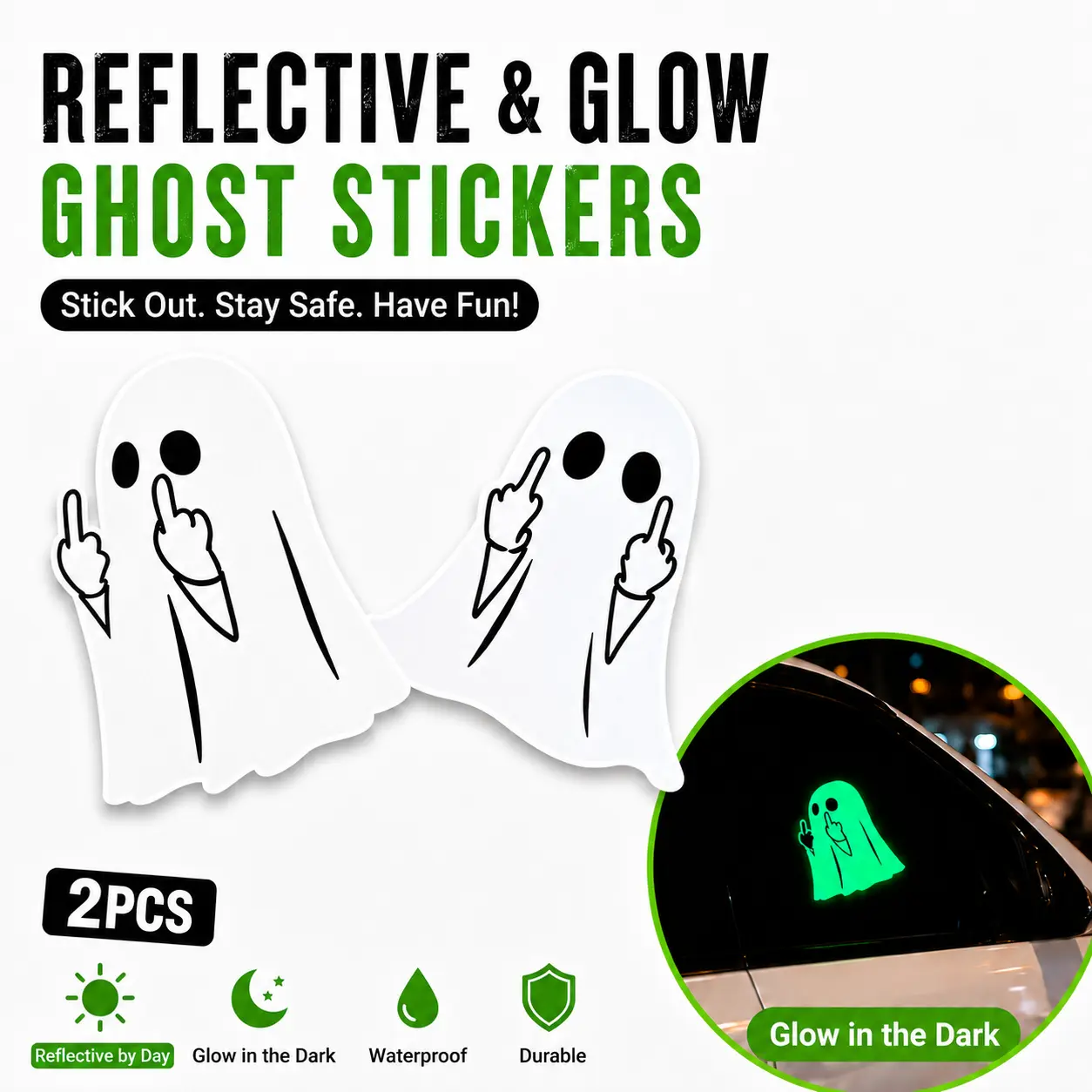 Ghost - PVC Sticker Middle Finger Ghost Decal I Reflective Car Decal/Motorcycle Decal, Suitable for Car Windows and Paint 2 PCS-YY0