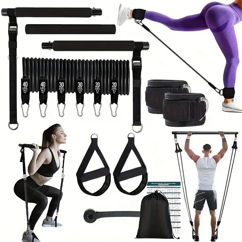 14pcs Pilates Bar Set with 6 Resistance Bands (180LBS), Multi-Functional Fitness Puller, Yoga and Fitness Equipment, Home Pilates, Stretching Training, Suitable for Home Gym, Works Legs, Glutes, Waist, and Arms